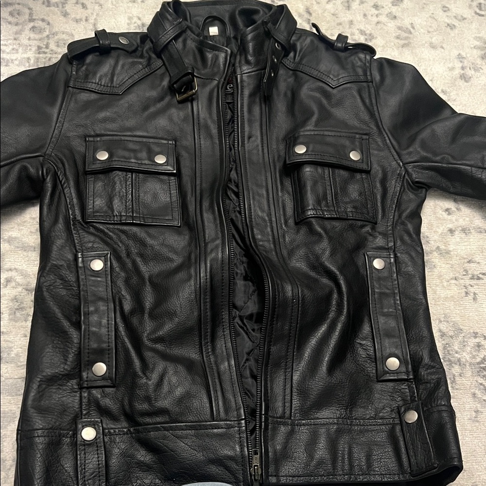 Men's Military-Style Black Leather Field Jacket